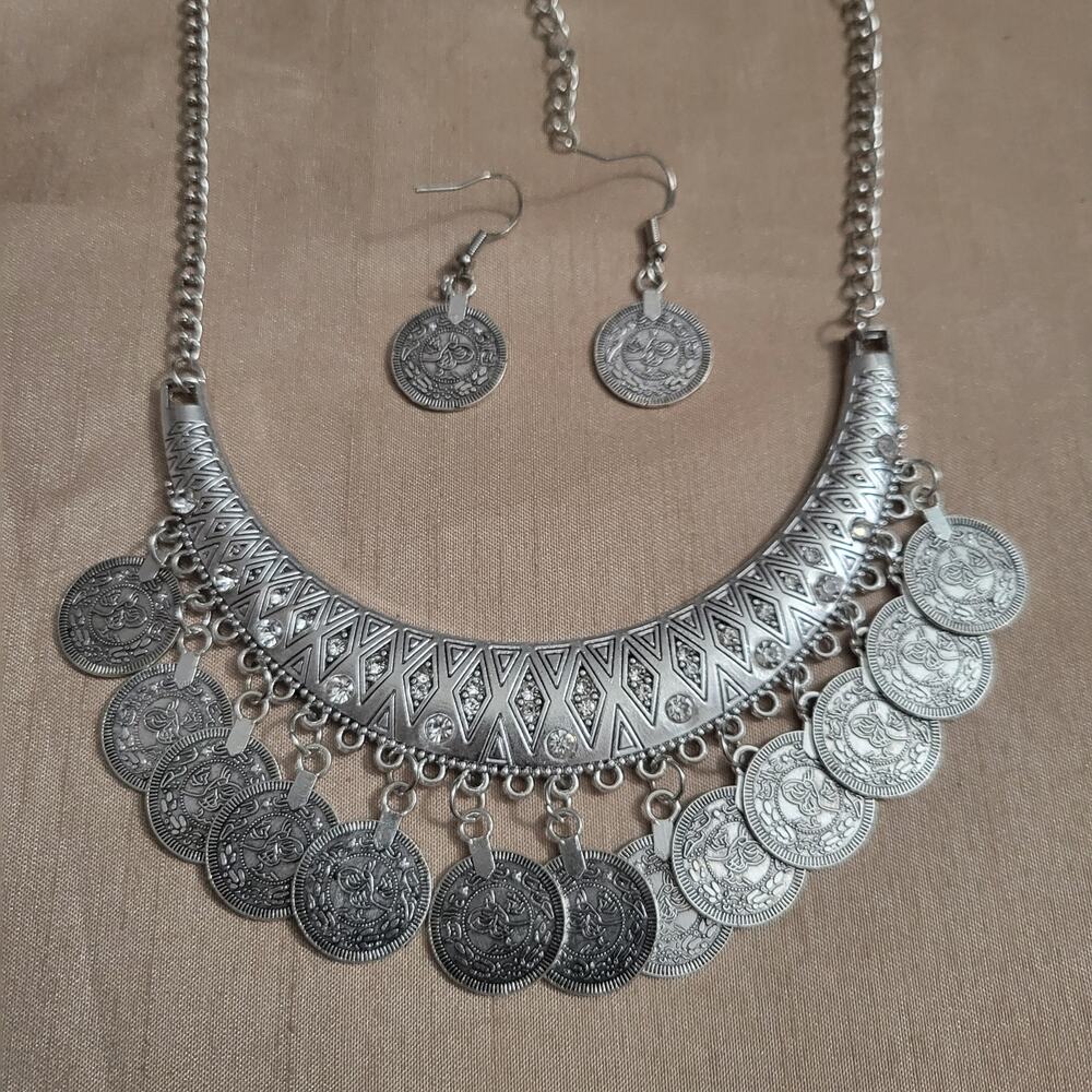 Boho silver tone coin statement necklace & earrings set